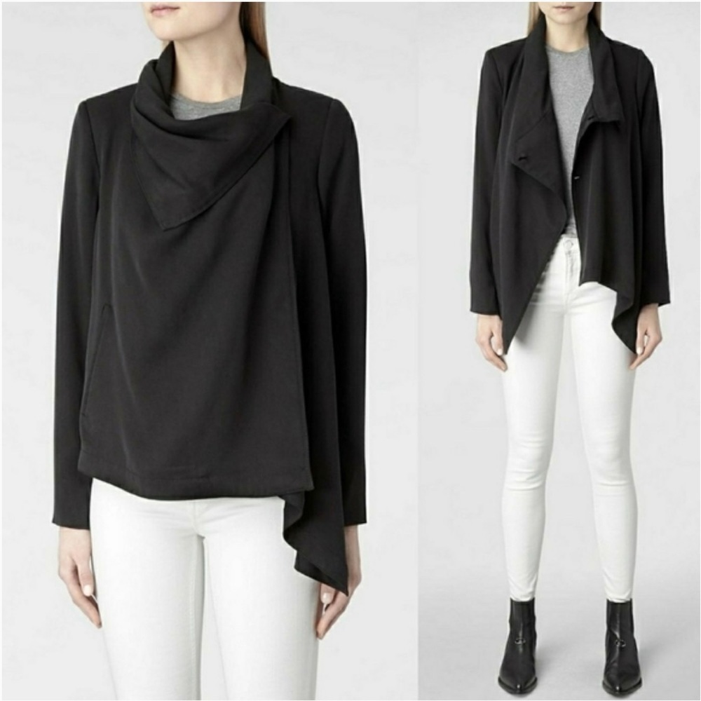 NWOT ALLSAINTS Black Bayle Monument Asymmetrical Draped Coat